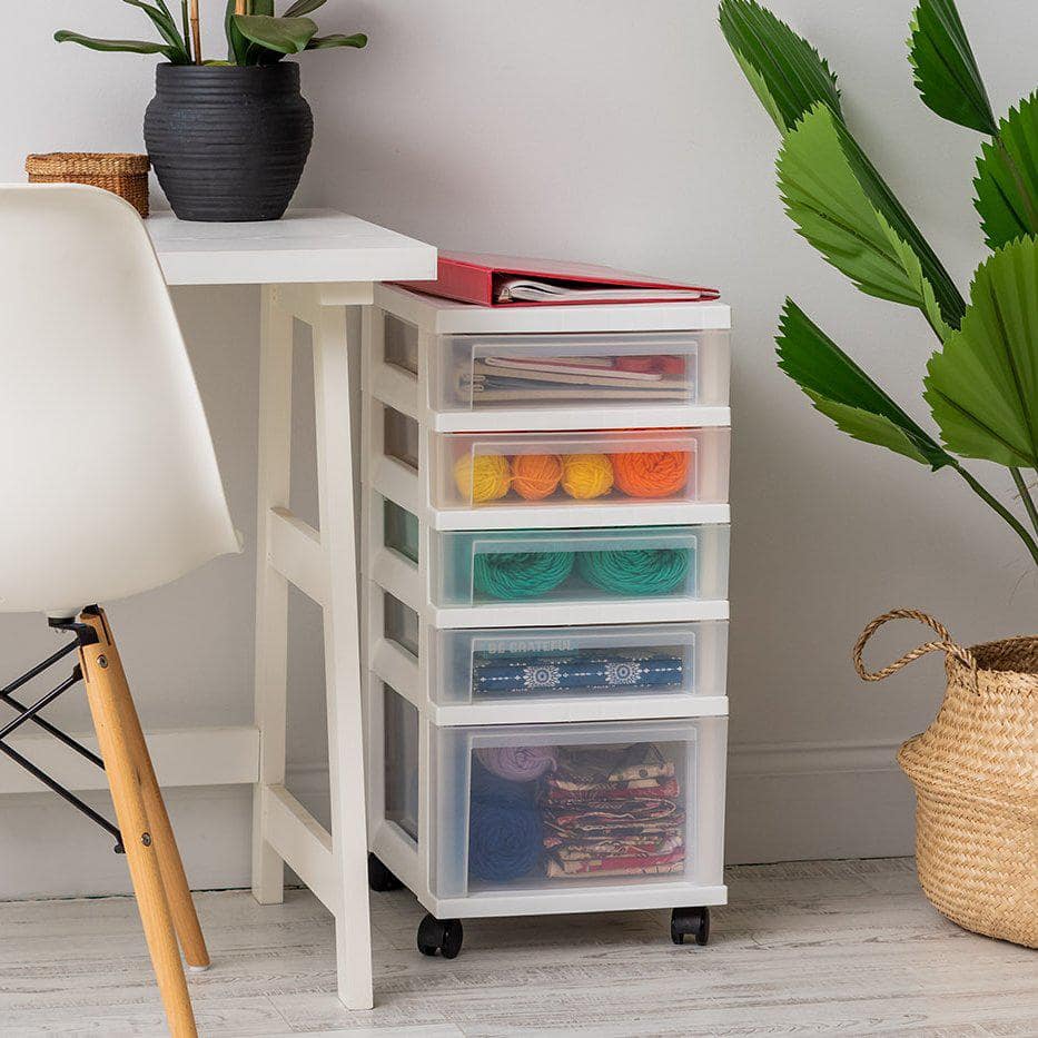 IRIS USA 5 Drawer Clear Plastic Drawer Cart Rolling Storage, White