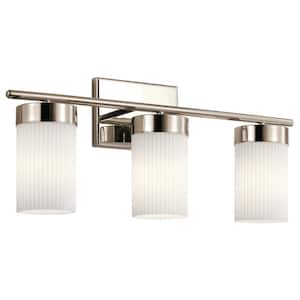Ciona 24 in. 3-Light Polished Nickel Traditional Bathroom Vanity Light with Round Ribbed Glass