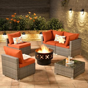 Hippish Gray 6-Piece Wicker Patio Wood Burning Fire Pit Conversation Set with Orange Red Cushions