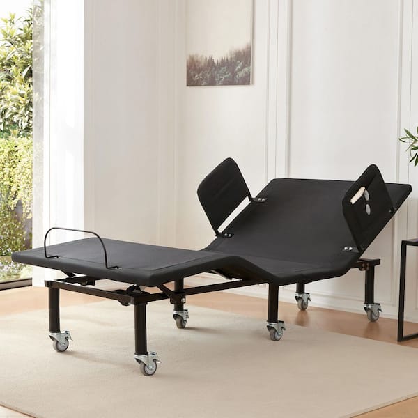 Black Twin XL Adjustable Bed Frame with Bed Rails for Adults, Wireless Remote, Under-Bed Light, USB, Brake Wheel Legs