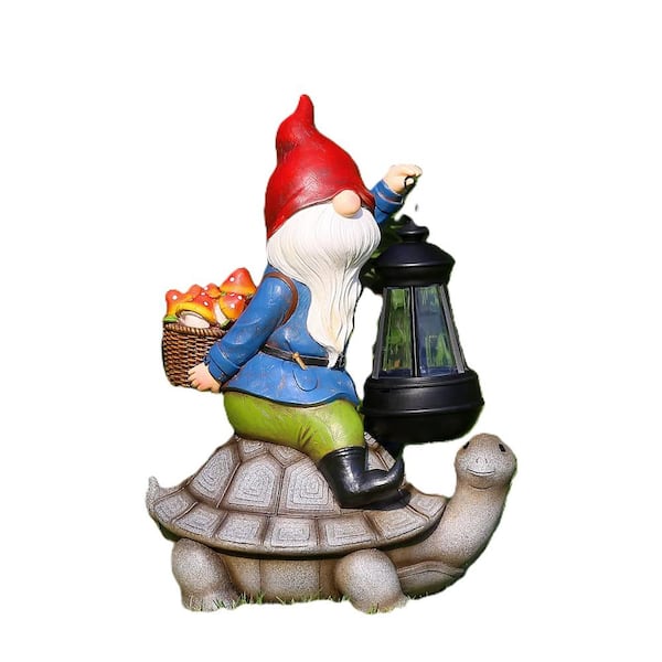 Phewnyzo 6.3 in. x 9 in. x 12 in. Gnome and Turtle Garden Decoration Outdoor Garden Sculptures and Statues with Solar Lantern