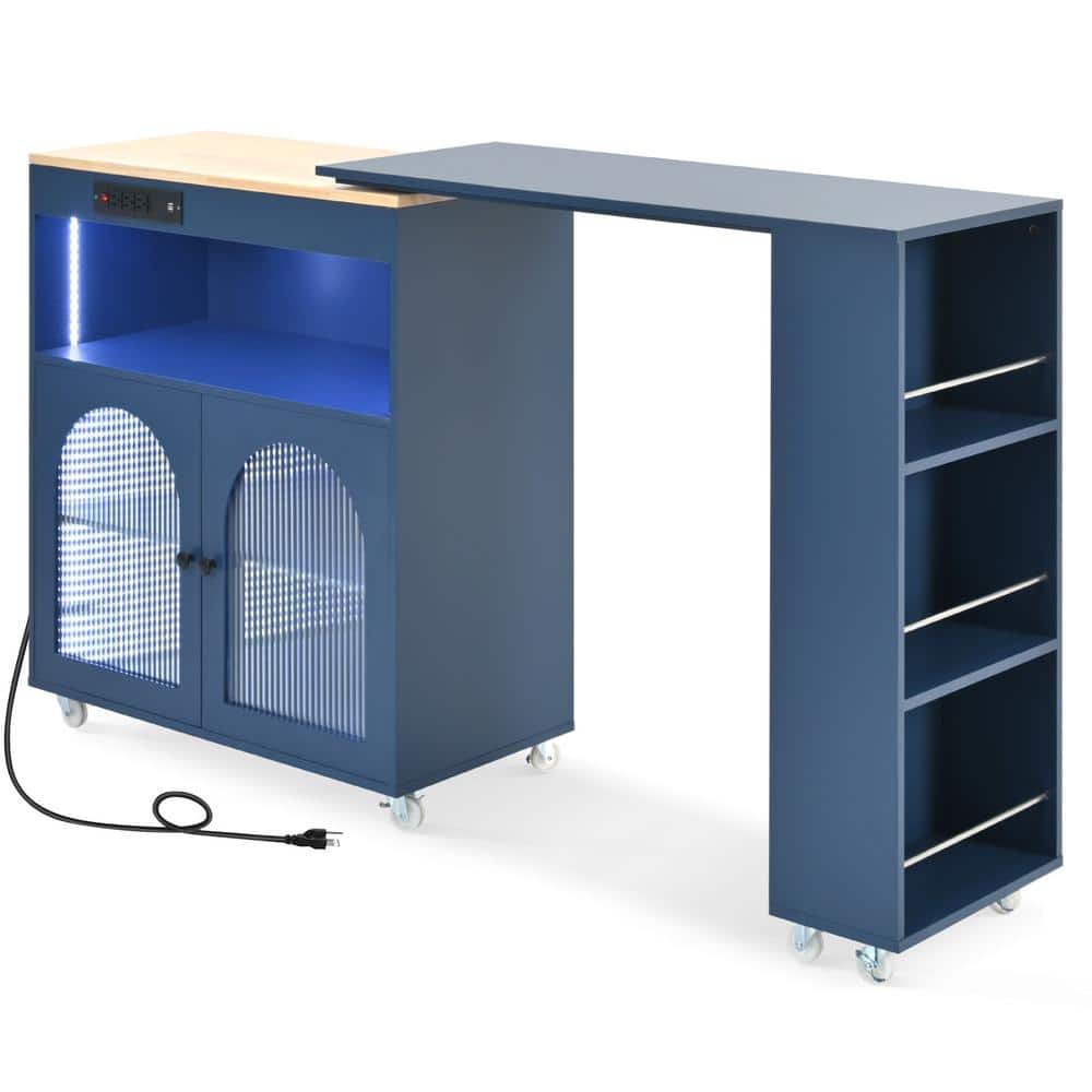 Navy Wood 33.22 in. Rolling Kitchen Island With Extended Table, LED Lights, Power Outlets and 2 Fluted Glass Doors
