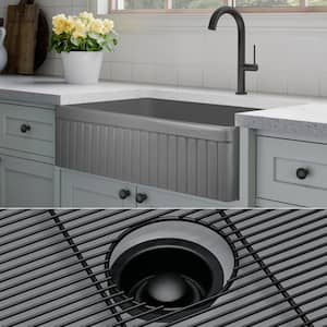 Luxury Matte Gray Solid Fireclay 33 in. Single Bowl Farmhouse Apron Kitchen Sink with Matte Black Accs and Fluted Front