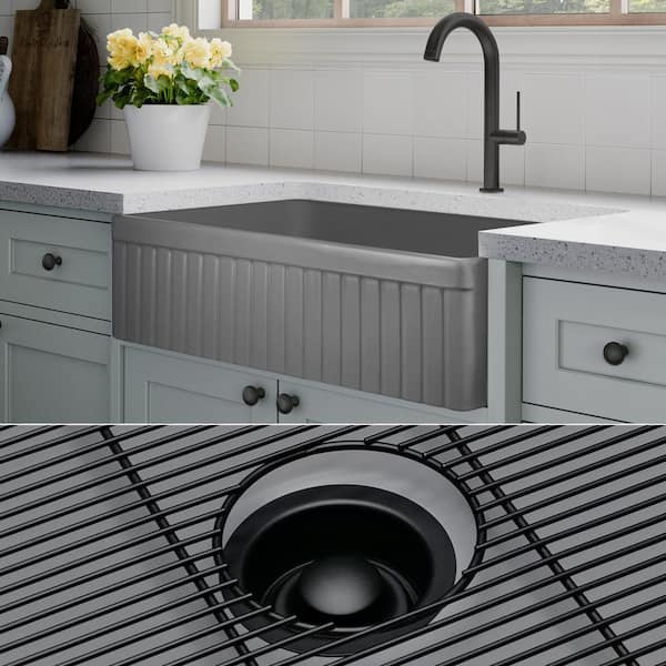 Fossil Blu Luxury Matte Gray Solid Fireclay 33 in. Single Bowl Farmhouse Apron Kitchen Sink with Matte Black Accs and Fluted Front