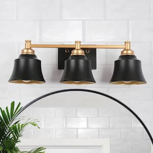 Modern 22 in. 3-Light Painted Black and Gold Bathroom Vanity Light with Bell Metal Shades for Powder Room