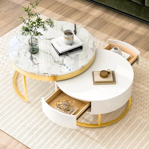 31.5 in. White Round Modern MDF Nesting Coffee Table with Drawers