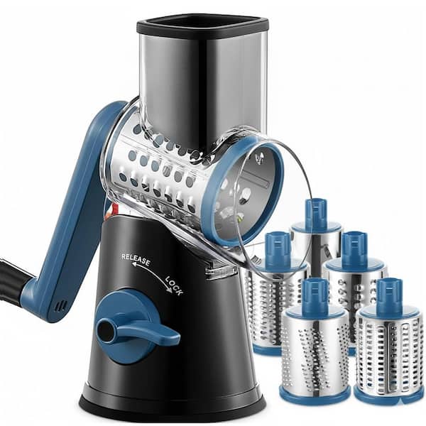 Black Rotary Cheese Grater with 5 Stainless Steel Blades for Shredding, Slicing, Crushing Cheese Vegetables