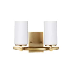 Alturas 13.5 in. 2-Light Satin Brass Modern Contemporary Wall Bathroom Vanity Light with Satin Etched Glass Shades