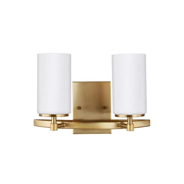 Generation Lighting Alturas 13.5 in. 2-Light Satin Brass Modern Contemporary Wall Bathroom Vanity Light with Satin Etched Glass Shades