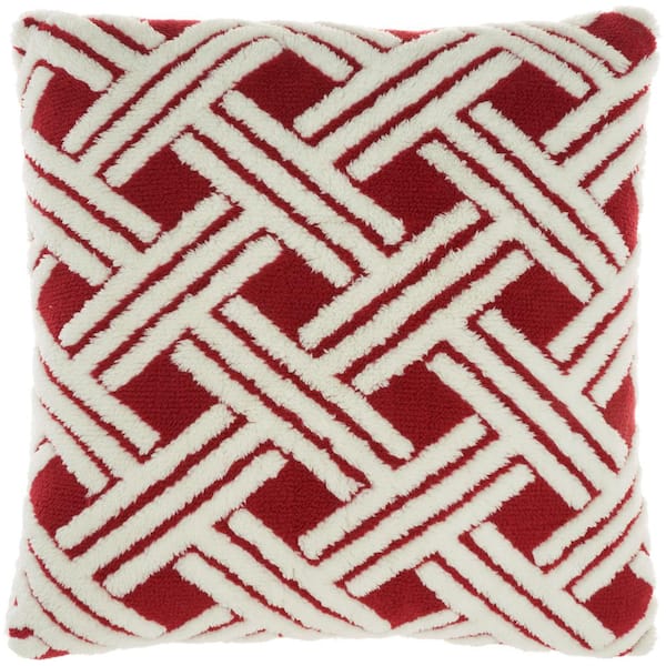 Mina Victory Faux Fur Red 20 in. x 20 in. Geometric Throw Pillow