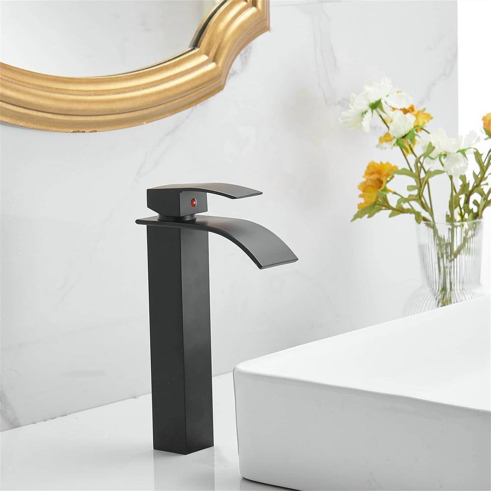 Matte Black Modern Waterfall Vessel Sink Faucet with Pop-Up Drain