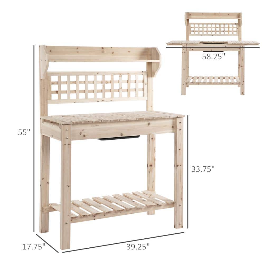 Natural Fir Wood Garden Potting Bench with Hidden Storage