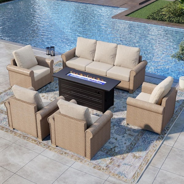 PHI VILLA 6-Piece Wicker Rectangle Patio Fire Pit Conversation Set with Beige Cushions