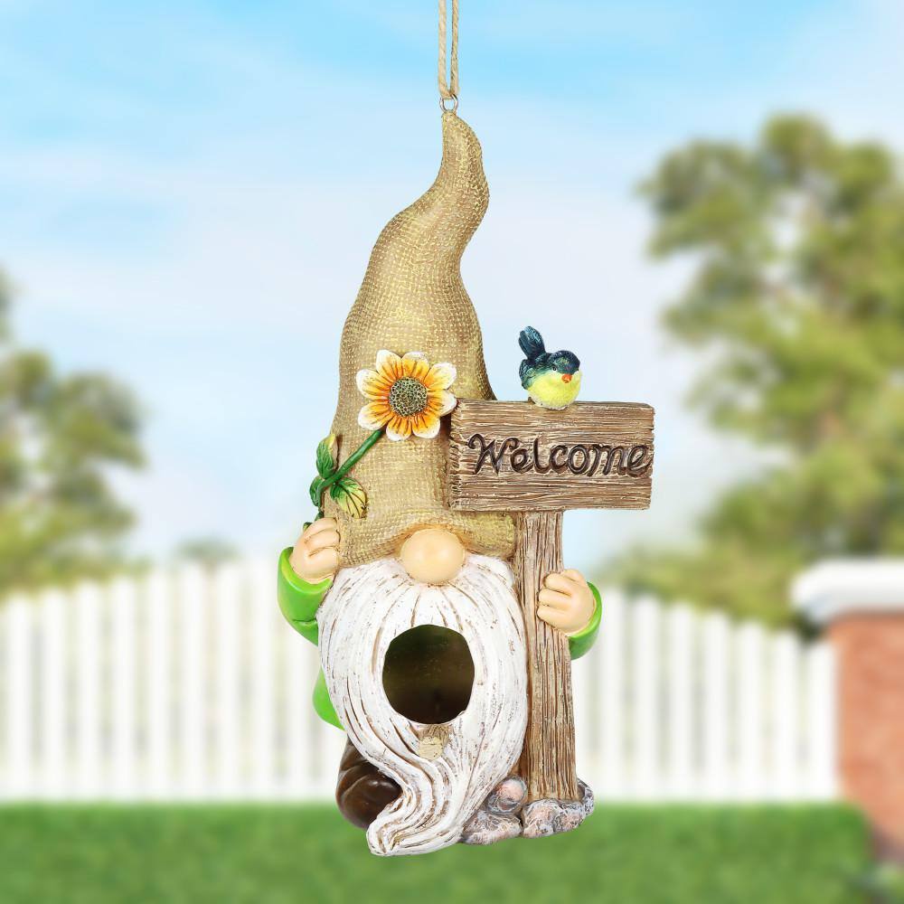 Whimsical Gnome Welcome Sign Resin Hanging Birdhouse
