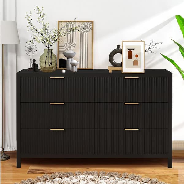 ATHMILE Black Wooden 6 Drawer Nightstand Long-Side Cabinet Storage Dresser Cabinet(15.75in D x 47.24in W x 29.53in H)