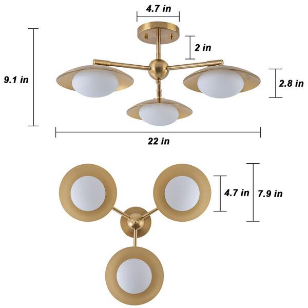 EDISLIVE 22 in. 3-Light Sputnik Brushed Gold Modern Semi-Flush