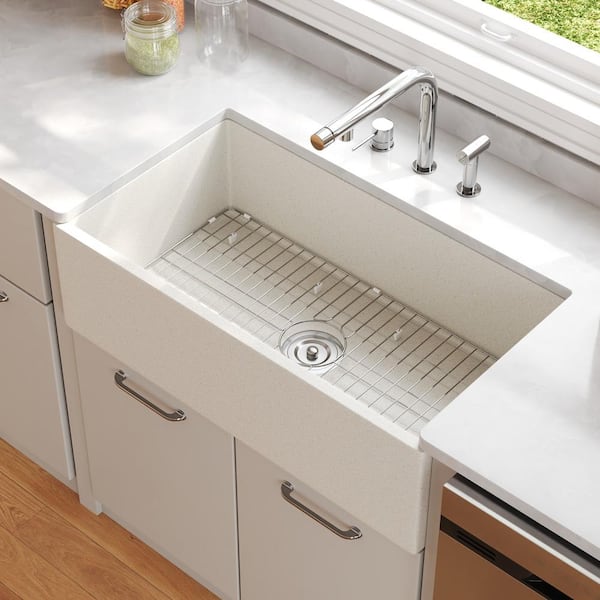 DEERVALLEY Grit Yellow 33 in. Farmhouse Apron Front Single Bowl Concrete Kitchen Sink with Grid and Strainer
