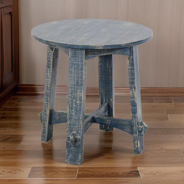 Benjara 24 in. Blue Round Wooden Top End Table