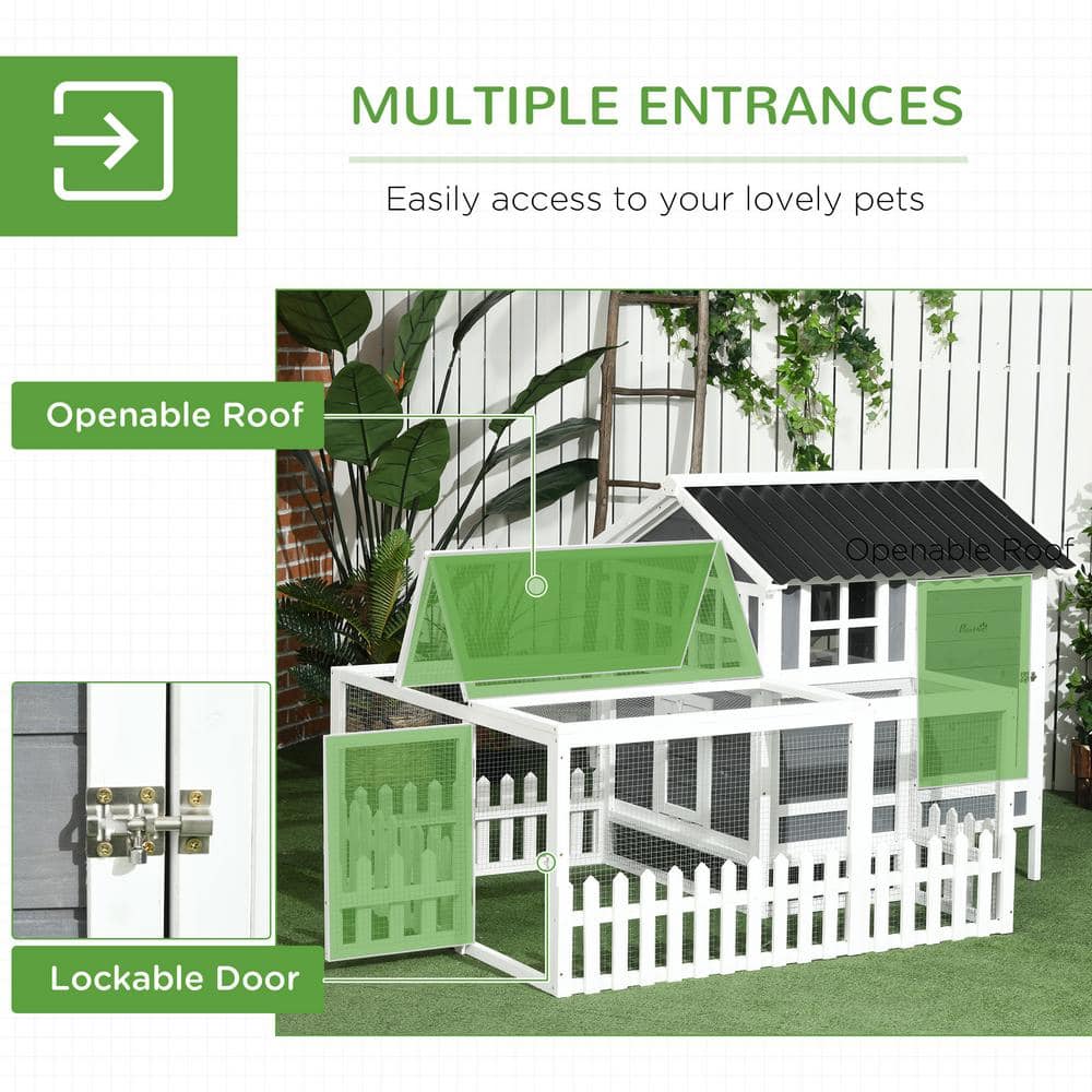 Gray and White Wooden Chicken Coop with Run and Nesting Box