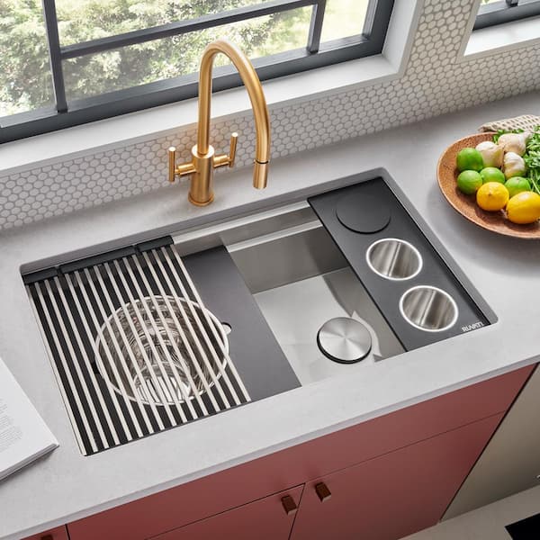 Dual-Tier Nova 33 in. Undermount Single Bowl 16-Gauge Stainless Steel Workstation Kitchen Sink with Accessories