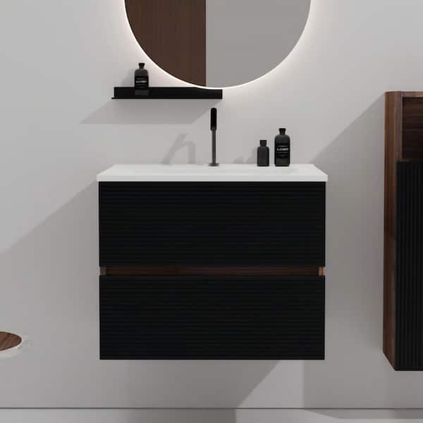 Ziyudura 24 in. Single Sink Floating Black Bath Vanity with White Ceramic Top (Assembled), DTC Soft-closing Drawer