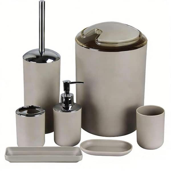 7-Piece Gray Bath Accessories Set with Trash Can, Toothbrush Holder & Cup, Soap Dispenser & Dish, Toilet Brush & Holder