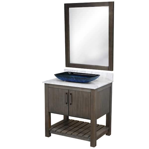 Novatto Ocean Breeze 31 in. W x 22 in. D x 31 in. H One Blue Black Sink ORB Bath Vanity in CafeM w/Carara White MarbleTop+Mirror