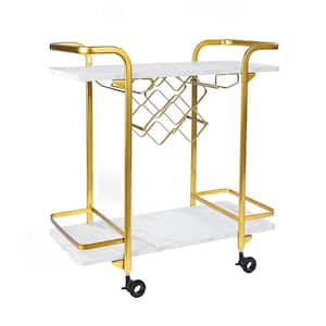 Deluxe Marbled Solid Wood Kitchen Cart on Silent Wheels with 2-Tiers in Gold
