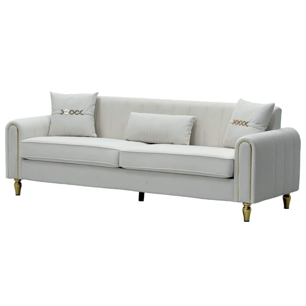 Modern Living Collection 87.4 in. Rolled Arm Polyester Fabric 3-Seat Sofa with Pillows in Cream White price history on PriceWatchPro