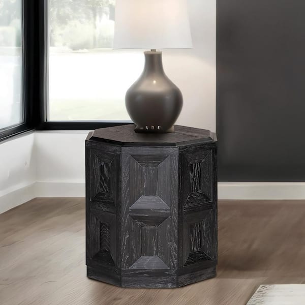 Furniture of America Flonnin 20 in. Weathered Black Hexagon Wood End Table with Ornamental Sunken Panels