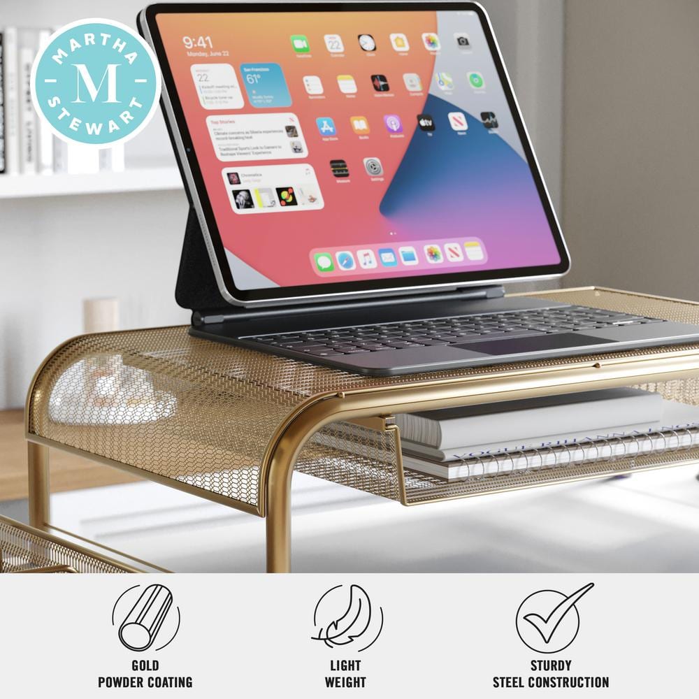 Gold Mesh Metal Desktop Monitor Stand Riser with Drawer