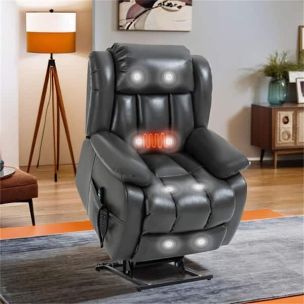 Grey Genuine Leather Power Lift Recliner Chair Dual Motor Recliner with 8-Point Vibration Massage, Lumbar Heating