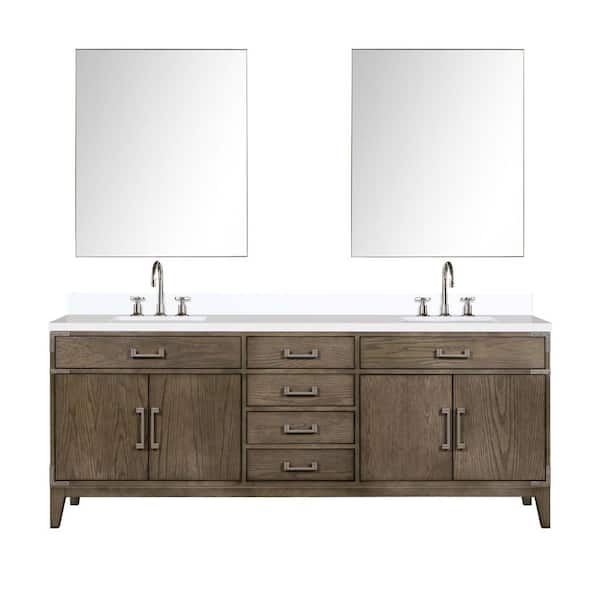 Fossa 84 in. W x 22 in. D Grey Oak Double Bath Vanity with White Quartz Top, Faucet Set, and 36 in. Mirrors