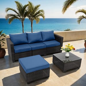 5-Piece Brown Wicker Outdoor Fabric Sofa Sectional Set with Peacock Blue Cushion