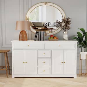 White Wooden Sideboard with 2 Large Drawers, 3 Small Drawers and 2 Cabinets 59.1 in. W 33.5 in. H x 15.7 in. D