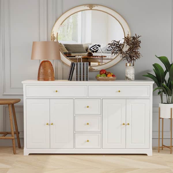 FUFU&GAGA White Wooden Sideboard with 2 Large Drawers, 3 Small Drawers and 2 Cabinets 59.1 in. W 33.5 in. H x 15.7 in. D