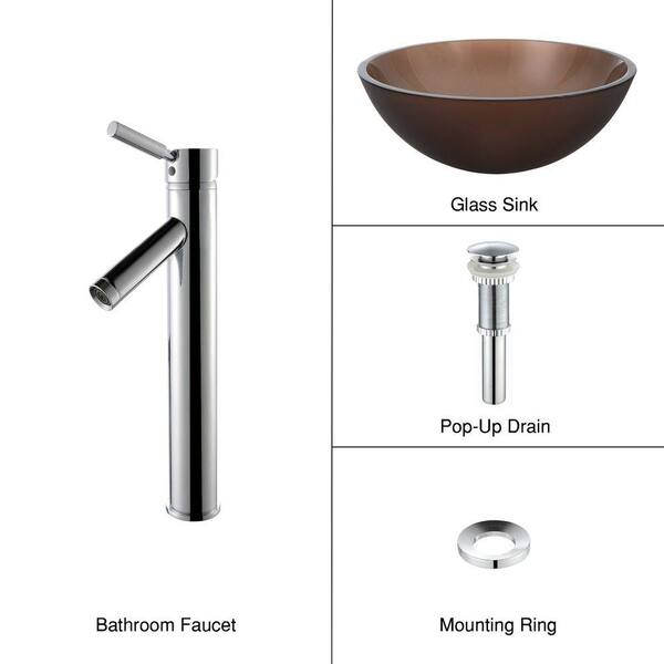 KRAUS Glass Vessel Sink in Frosted Brown with Single Hole 1-Handle High Arc Sheven Faucet in Chrome