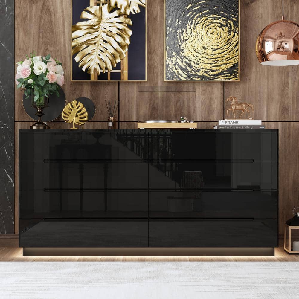 Black High Gloss 63" Double Dresser with LED Lights