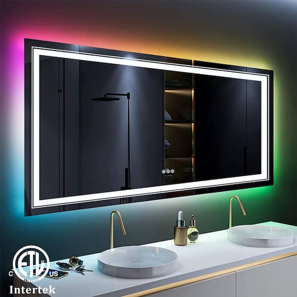 Apmir 72 in. W x 36 in. H Rectangular Frameless RGB Backlit & LED Frontlit Anti-Fog Tempered Glass Wall Bathroom Vanity Mirror