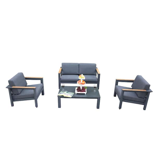 DIRECT WICKER Peggy Black 4-Piece Aluminum Patio Conversation Set with Black Cushions