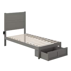 NoHo Grey Twin Solid Wood Storage Platform Bed with Foot Drawer and Attachable USB Device Charger