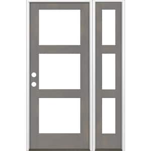 46 in. x 80 in. Modern Hemlock Right-Hand/Inswing 3-Lite Clear Glass Grey Stain Wood Prehung Front Door with Sidelite