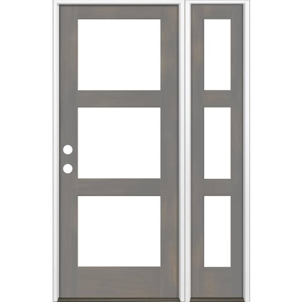 Krosswood Doors 46 in. x 80 in. Modern Hemlock Right-Hand/Inswing 3-Lite Clear Glass Grey Stain Wood Prehung Front Door with Sidelite