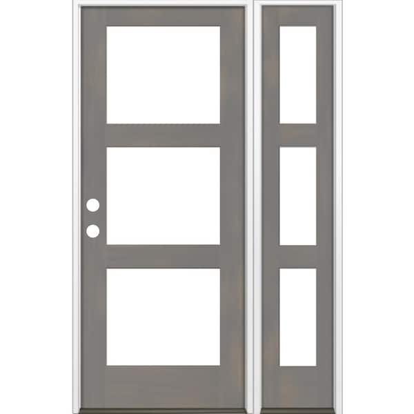 Krosswood Doors 50 in. x 80 in. Modern Hemlock Right-Hand/Inswing 3-Lite Clear Glass Grey Stain Wood Prehung Front Door with Sidelite