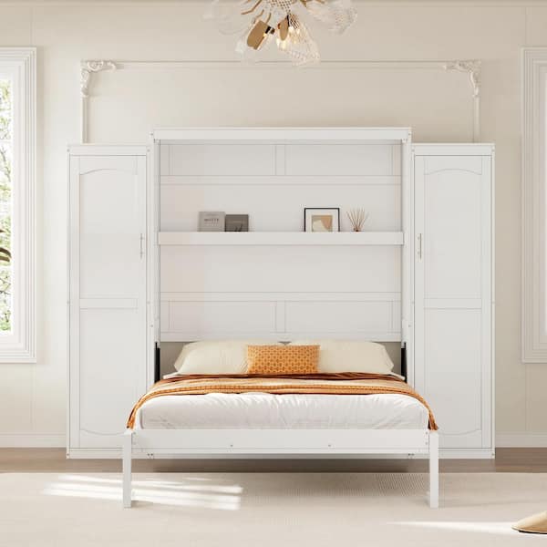 White Wood Frame Full Size Murphy Bed Wall Bed with Wardrobes, Storage Shelves