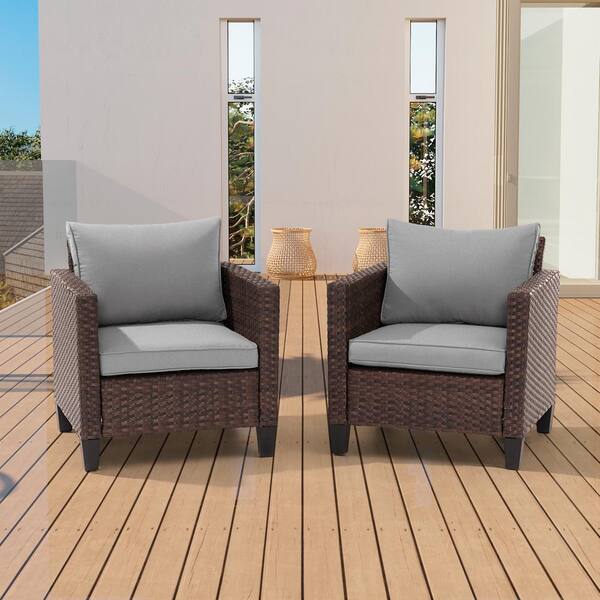Sonkuki 2-Piece Patio Sofa Brown Wicker Outdoor Single Sofa Set, Linen Grey