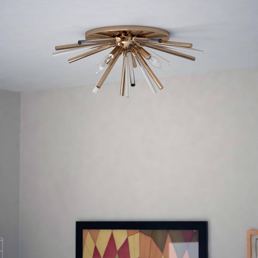 Aria Mid-Century Modern 22.5" Brass Sputnik Flush Mount with Clear Glass