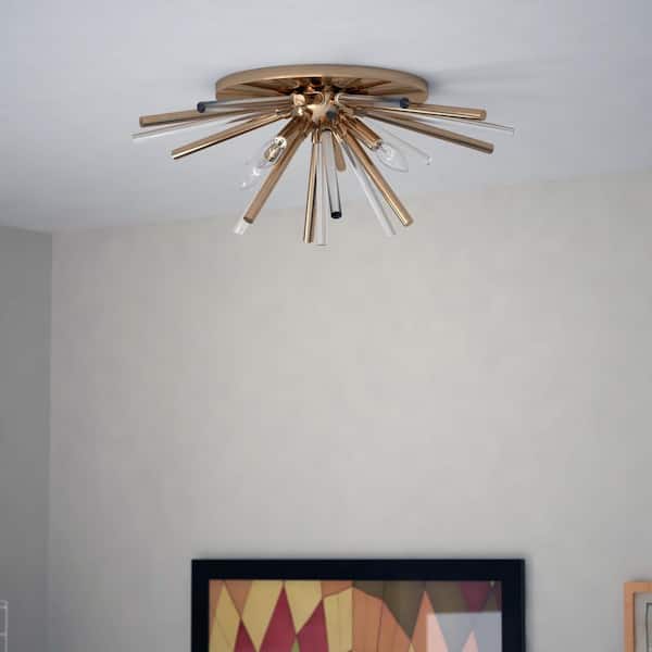 Aria 22.5 in. 4-Light Natural Brass Mid Century Modern Sputnik Flush Mount Ceiling Fixture with Glass Accents