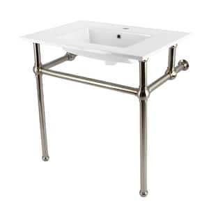 Fauceture 31 in. Ceramic Console Sink Set with Brass Legs in White/Brushed Nickel