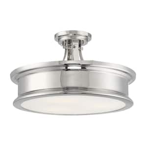 Watkins 16 in. W x 9.25 in. H 3-Light Polished Nickel Semi-Flush Mount Ceiling Light with Opal Glass Shade Cover